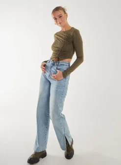 Long Sleeve Ruched Asymmetric Top