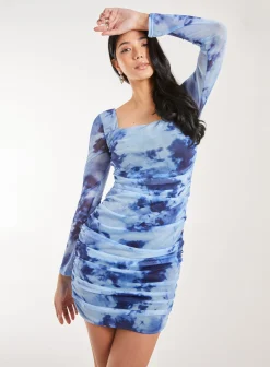 Long Sleeve Tie Dye Mesh Mini Dress
