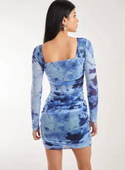 Long Sleeve Tie Dye Mesh Mini Dress