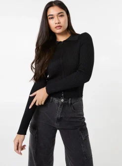 Long Sleeve Zip Up Ribbed Top