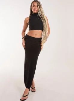 Low Rise Fold Over Slinky Maxi Skirt