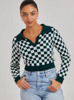 Notch Collar Checkered Top