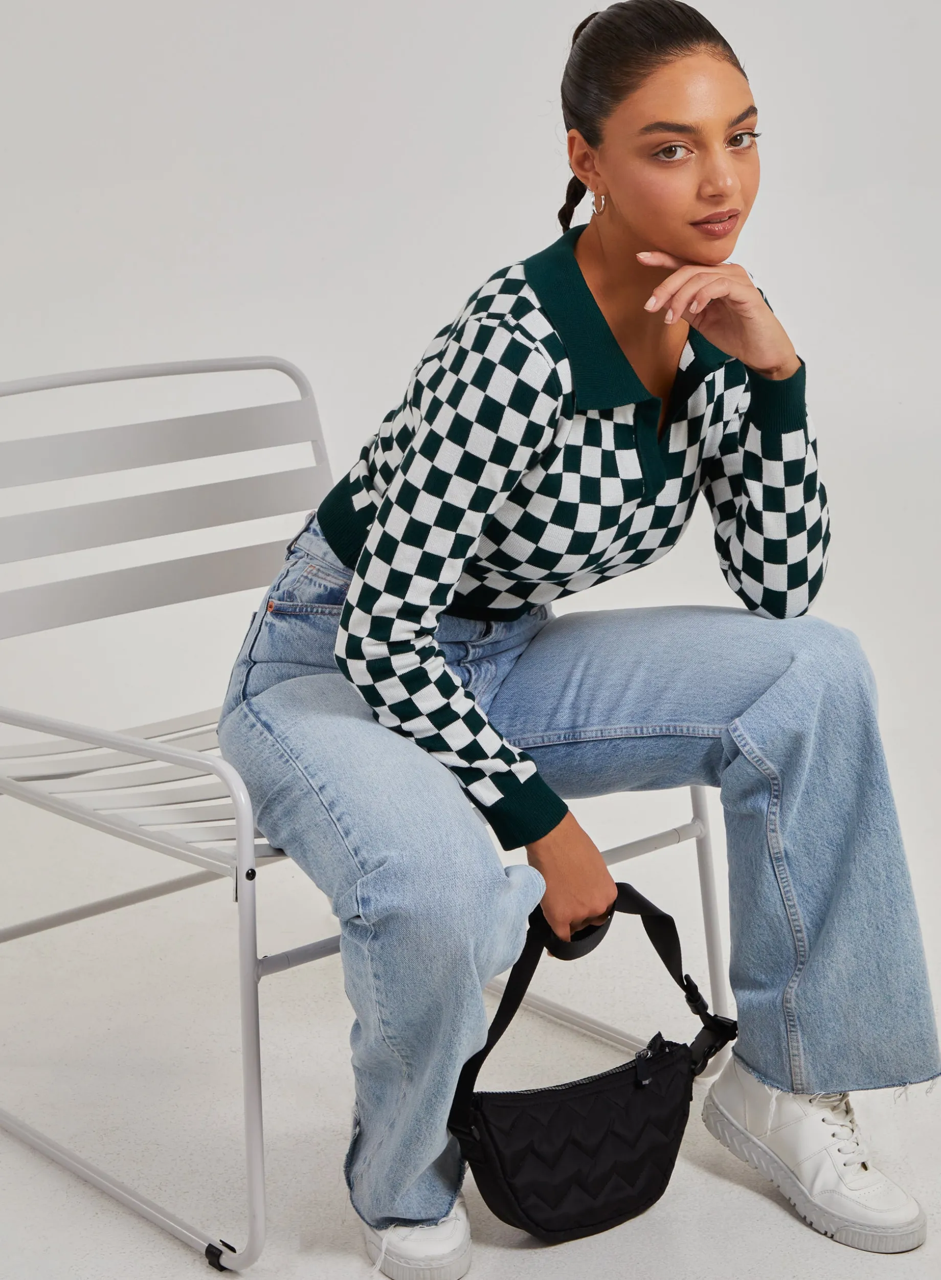 Notch Collar Checkered Top