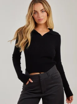 Notch Neck Long Sleeve Polo Top