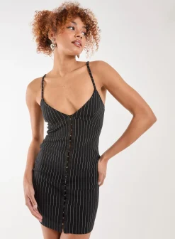 Pinstripe Eyelet Detail Mini Dress