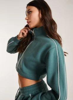 Piping Cropped Zip Up Sweat