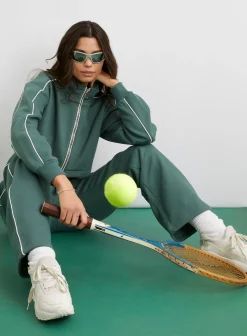 Piping Cropped Zip Up Sweat