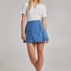 Pleated Button Detail Denim Skirt