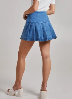 Pleated Button Detail Denim Skirt