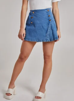 Pleated Button Detail Denim Skirt