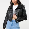 Pocket Detail PU Cropped Bomber Jacket