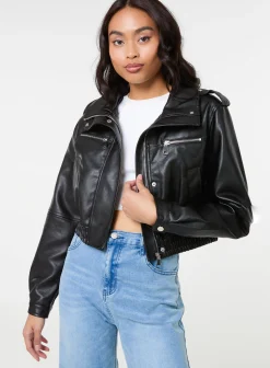 Pocket Detail PU Cropped Bomber Jacket