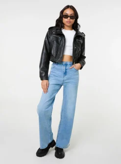 Pocket Detail PU Cropped Bomber Jacket