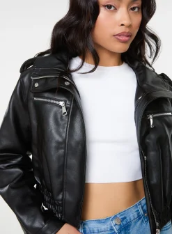 Pocket Detail PU Cropped Bomber Jacket