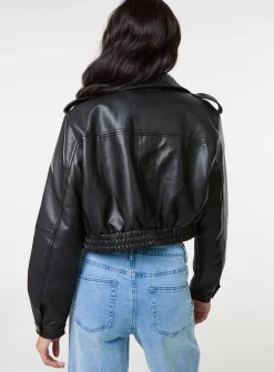 Pocket Detail PU Cropped Bomber Jacket