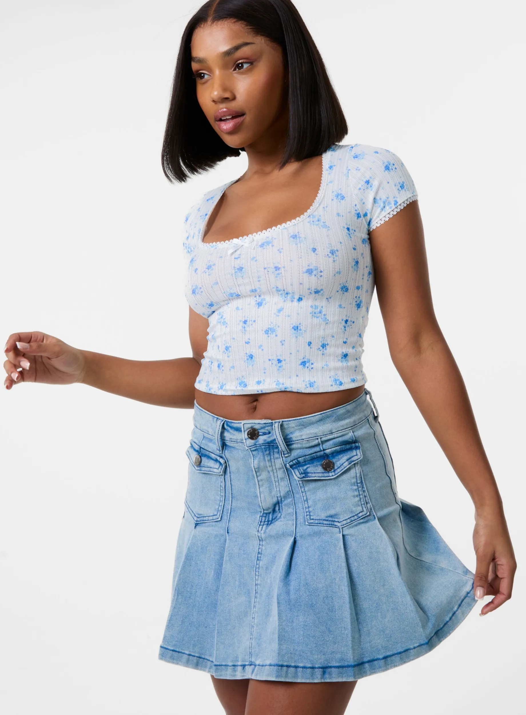 Pointelle Ditsy Print Crop Top