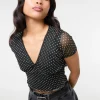 Polka Dot Mesh Cap Sleeve Crop Top