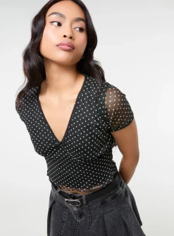 Polka Dot Mesh Cap Sleeve Crop Top