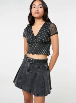 Polka Dot Mesh Cap Sleeve Crop Top