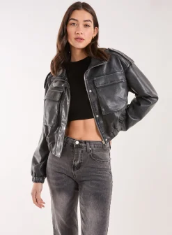 PU Utility Cropped Bomber Jacket