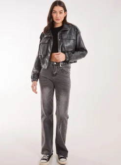 PU Utility Cropped Bomber Jacket