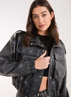 PU Utility Cropped Bomber Jacket