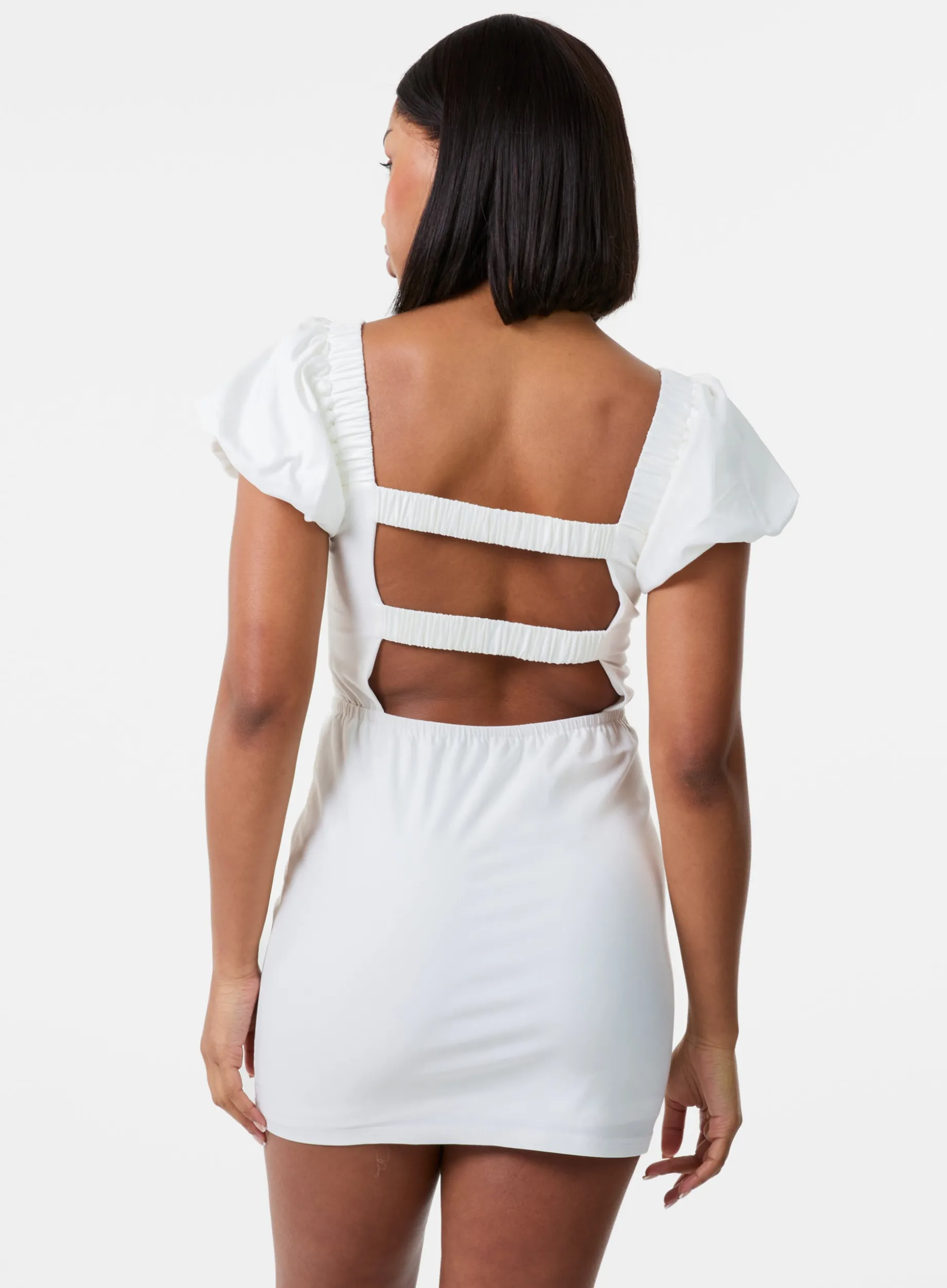 Puff Sleeve Open-Back Mini Dress With Shorts