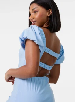 Puff Sleeve Open-Back Mini Dress With Shorts