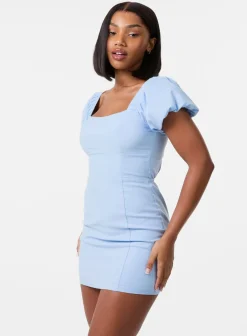 Puff Sleeve Open-Back Mini Dress With Shorts