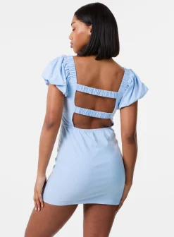 Puff Sleeve Open-Back Mini Dress With Shorts