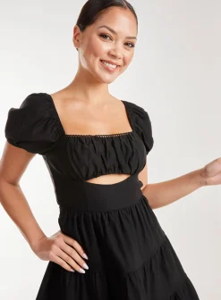 Puff Sleeve Peekaboo Tiered Mini Dress