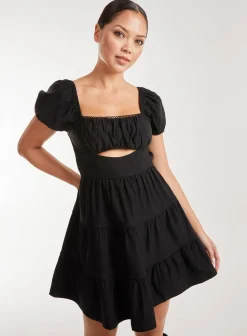 Puff Sleeve Peekaboo Tiered Mini Dress