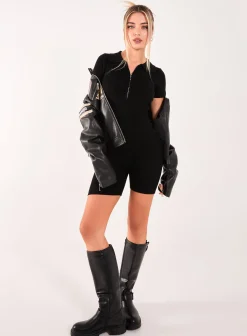 Ribbed Collar Zip Up Unitard