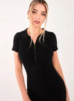 Ribbed Collar Zip Up Unitard