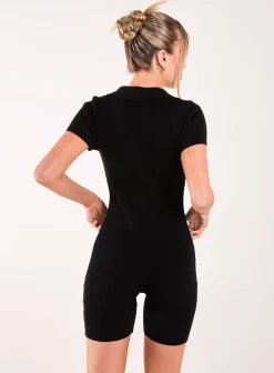 Ribbed Collar Zip Up Unitard