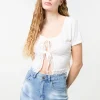 Ribbed Lace Tie Front Top