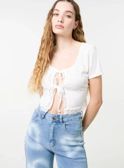 Ribbed Lace Tie Front Top