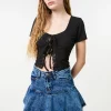 Ribbed Lace Tie Front Top