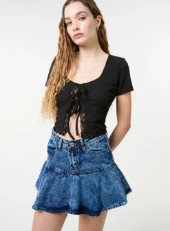 Ribbed Lace Tie Front Top