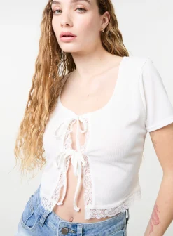 Ribbed Lace Tie Front Top