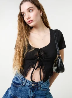 Ribbed Lace Tie Front Top