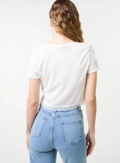 Ribbed Lace Tie Front Top