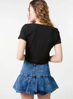 Ribbed Lace Tie Front Top