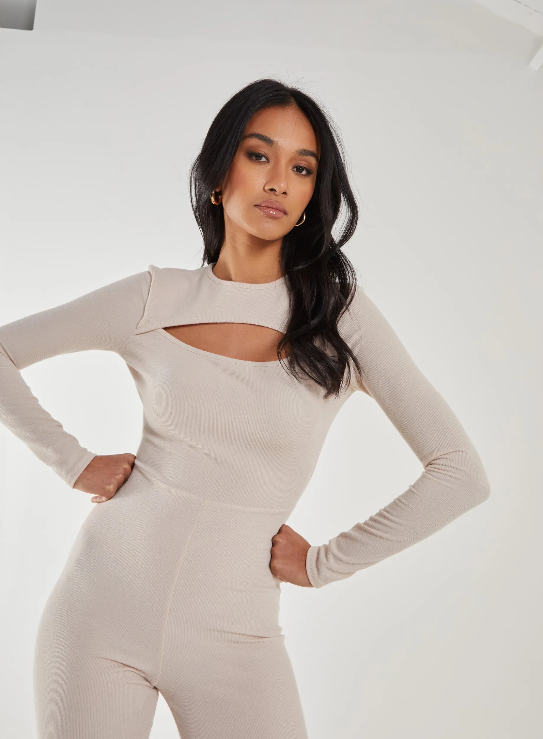 Ribbed Letterbox Long Sleeve Unitard With Cut Out Back