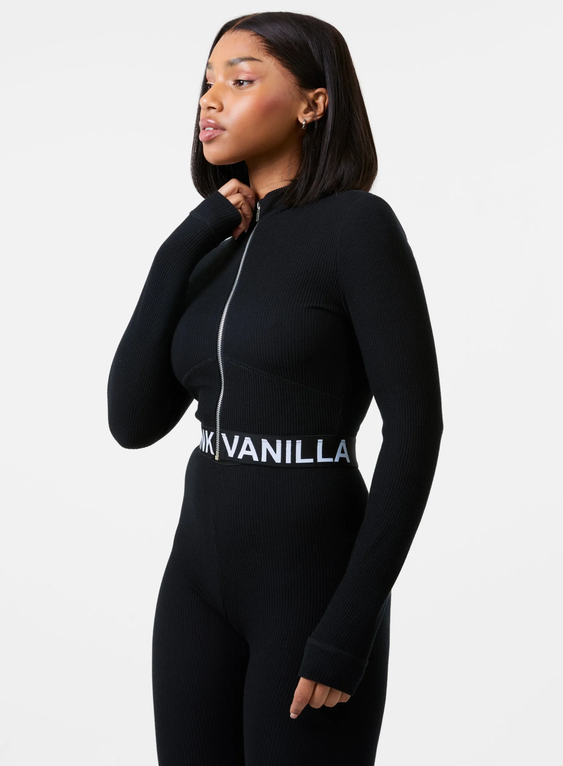 Ribbed Zip Up Top With Logo Band