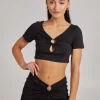 Ring Detail Short Sleeve Ribbed Top