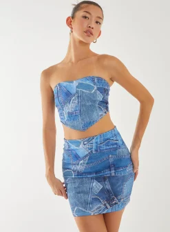 Seam Detail Denim Print Top