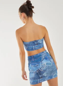 Seam Detail Denim Print Top