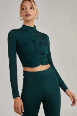 Shimmer Ruched Long Sleeve High Neck Top