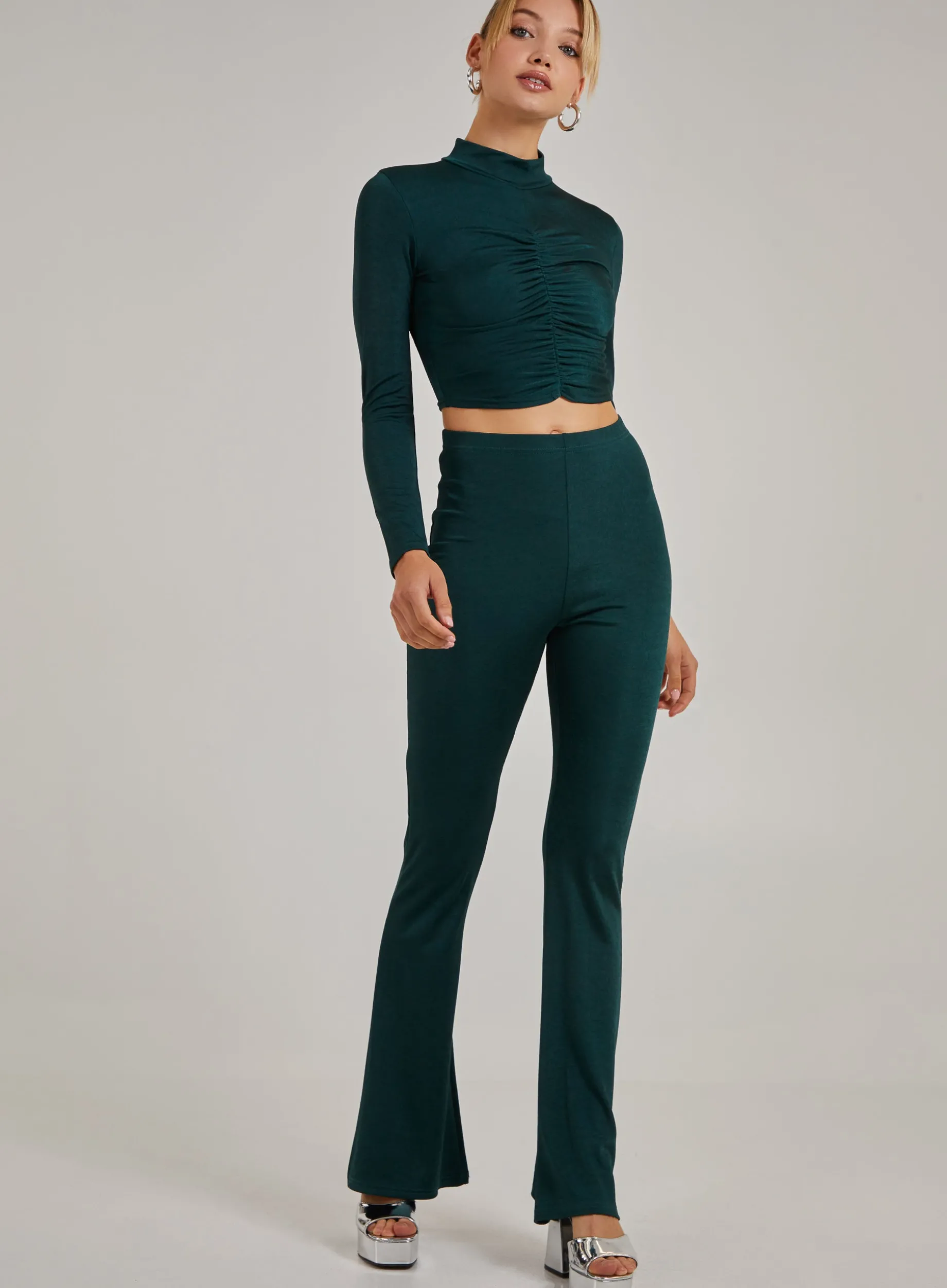 Shimmer Ruched Long Sleeve High Neck Top